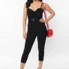 Unique Vintage Sweetheart Tie Cropped 50's Jumpsuit Black