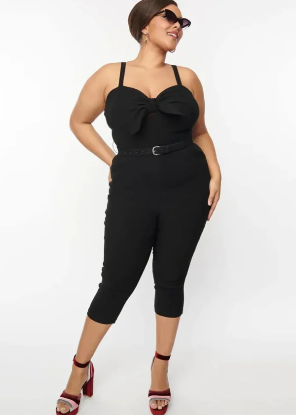 Unique Vintage Sweetheart Tie Cropped 50's Jumpsuit Black