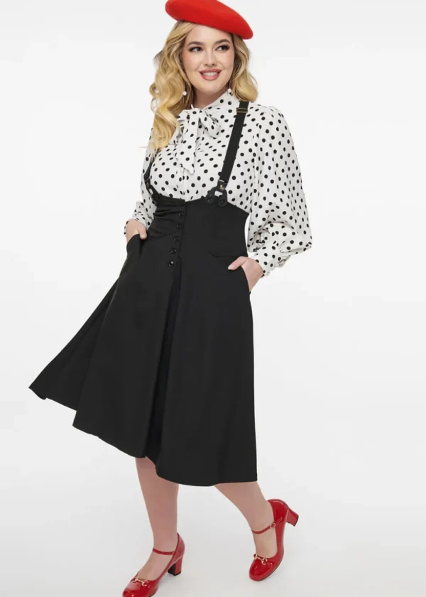 Unique Vintage Thelma High Waist Suspender Swing Skirt Black