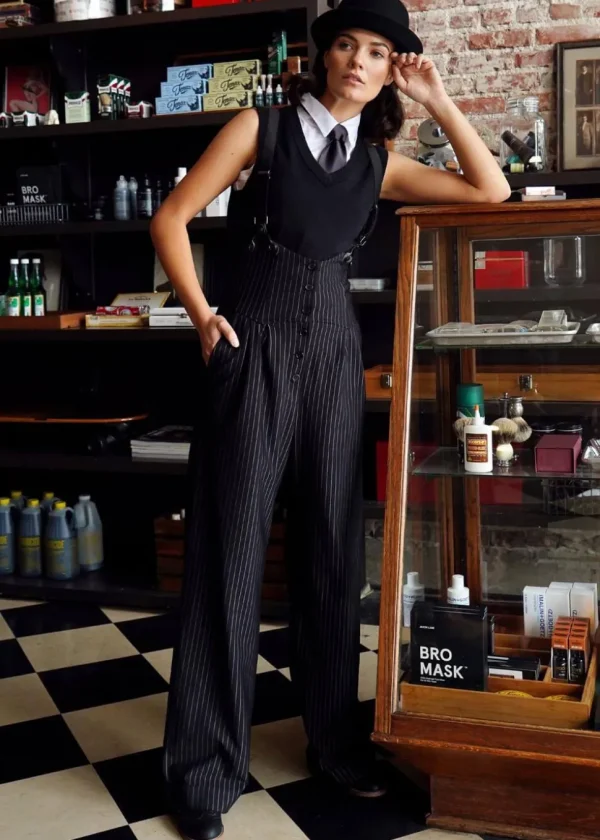 Unique Vintage Thelma Pinstripe 40's Trousers With Suspenders Black White