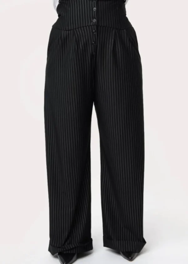 Unique Vintage Thelma Pinstripe 40's Trousers With Suspenders Black White