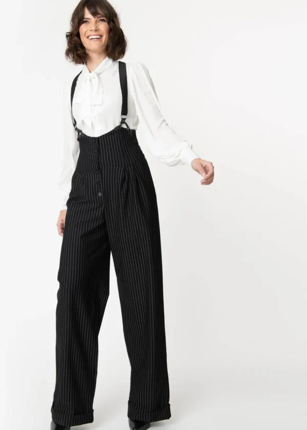 Unique Vintage Thelma Pinstripe 40's Trousers With Suspenders Black White