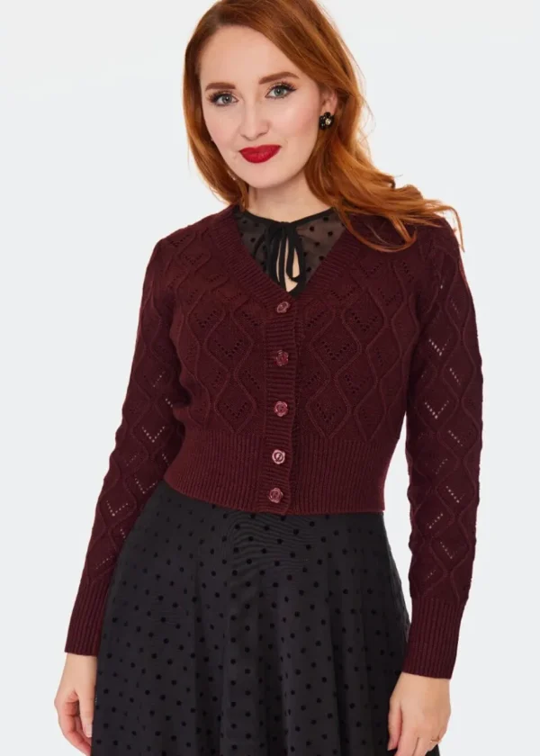 Voodoo Vixen Flower Button 50's Cardigan Burgundy Red