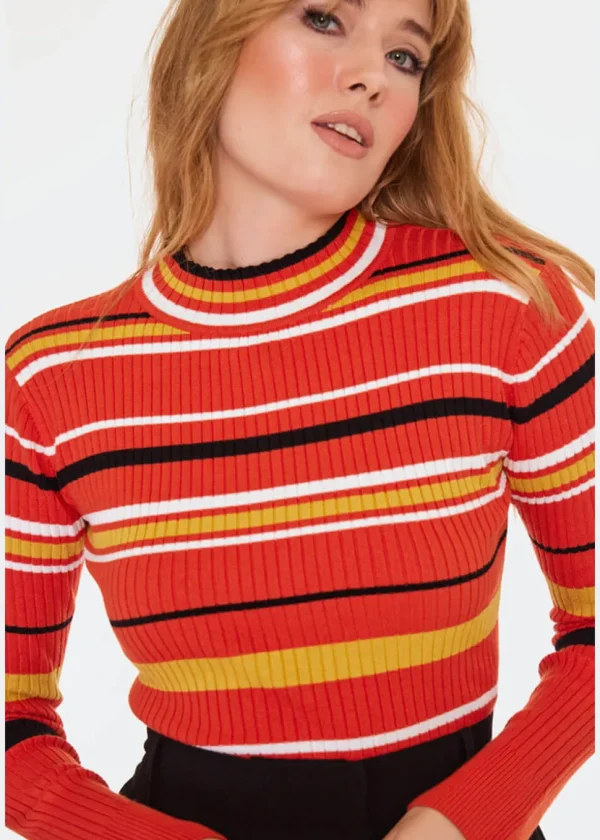 Voodoo Vixen High Neck Stripe 70's Sweater Orange