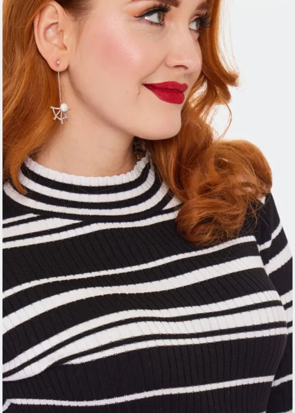 Voodoo Vixen High Neck Stripe 70's Sweater Black White