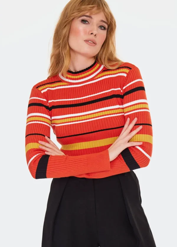 Voodoo Vixen High Neck Stripe 70's Sweater Orange
