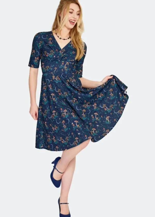 Voodoo Vixen Mushroom Moon 50's A-Line Dress Navy