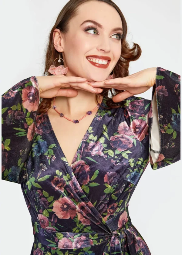Voodoo Vixen Secret Garden Velvet Floral 70's Wrap Dress Navy