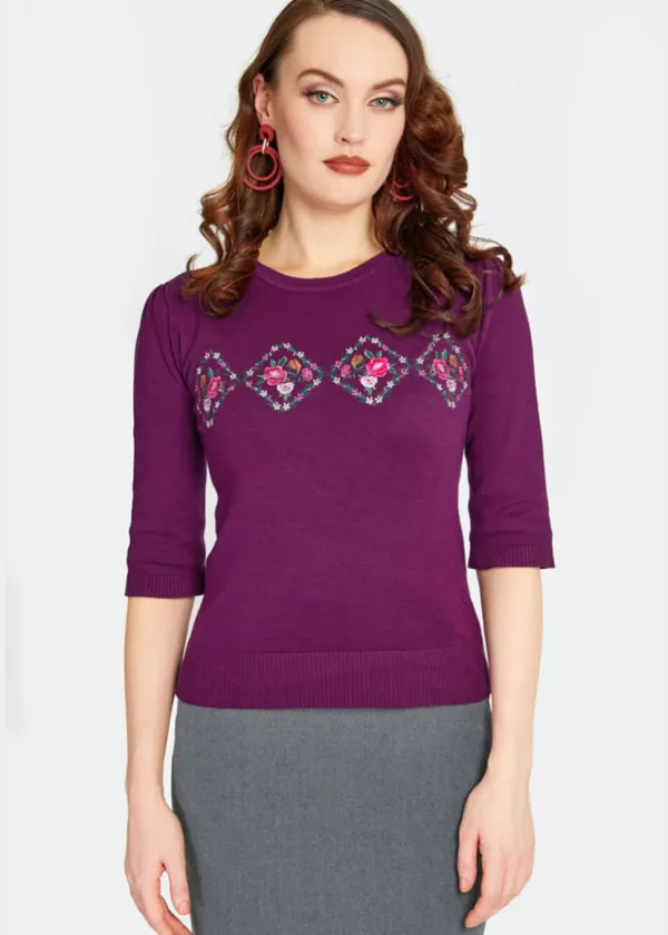 Voodoo Vixen Tea Party Floral 40's Sweater Purple