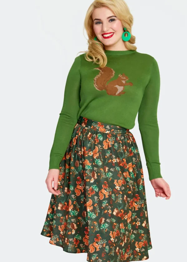 Voodoo Vixen Woodland Squirrel 50's Swing Skirt Green