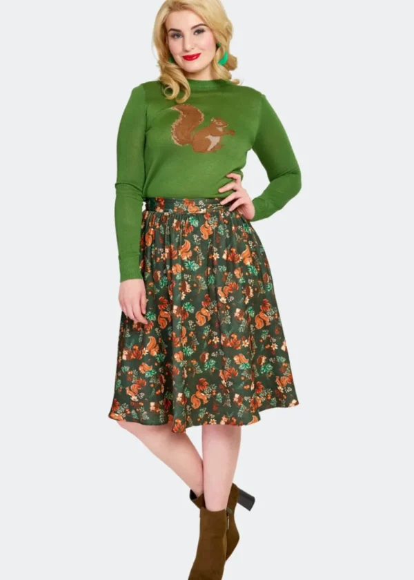 Voodoo Vixen Woodland Squirrel 50's Swing Skirt Green