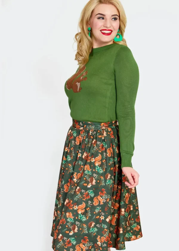 Voodoo Vixen Woodland Squirrel 50's Swing Skirt Green