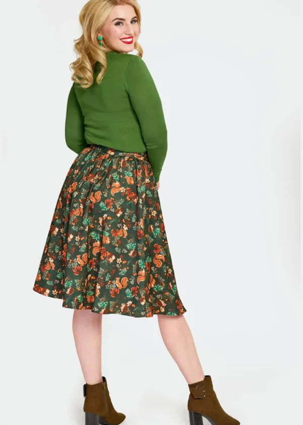 Voodoo Vixen Woodland Squirrel 50's Swing Skirt Green