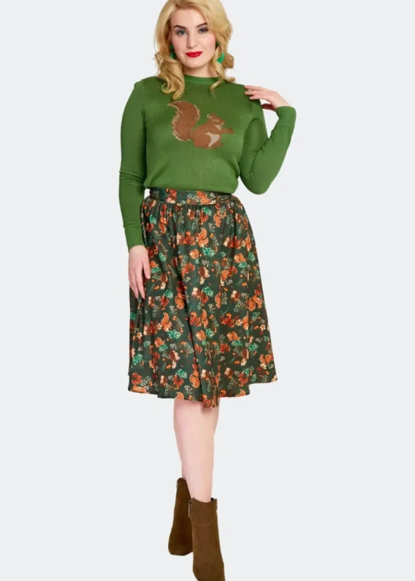 Voodoo Vixen Woodland Squirrel 50's Swing Skirt Green