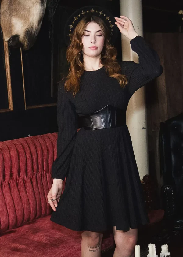 Witchwood Blythe Vegan Leather Corset Sweater Dress Black
